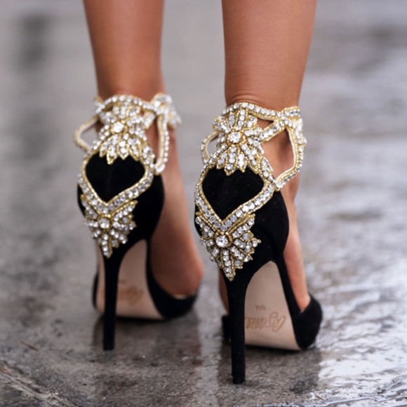 Aminah Abdul Jillil Shoes - Aminah Abdul Jillil Black Suede and Crystal Heels